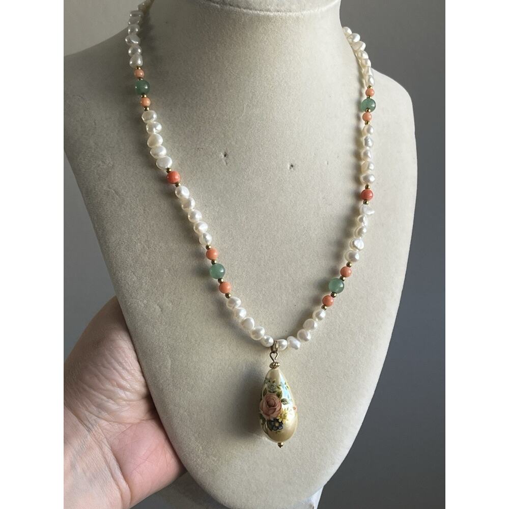 Vintage Freshwater Pearl Coral Transfer Ware Beaded Necklace Grannycore READ